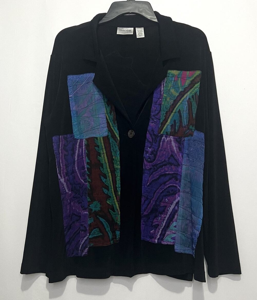 Chico’s Travelers Women’s Size 2 Black One Button Silk Texture Print Cardigan